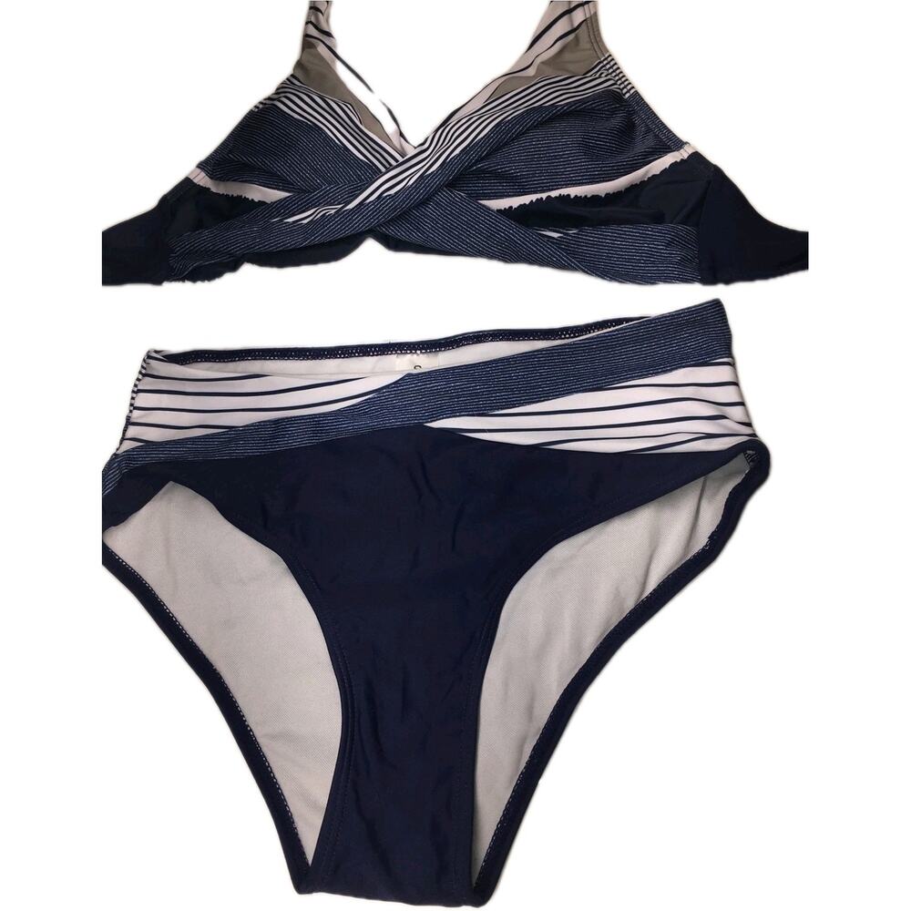 Zando Two Piece Blue And White Striped Bikini Size Small